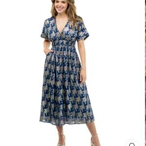 NEW Women's Beau & Ro Navy Gold Dress Removable Belt Medium